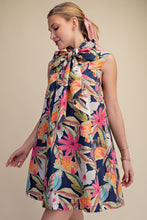 Load image into Gallery viewer, NEWEST ARRIVAL Navy Floral Neck Bow Tie Dress
