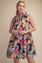 Load image into Gallery viewer, NEWEST ARRIVAL Navy Floral Neck Bow Tie Dress
