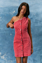 Load image into Gallery viewer, NEWEST ARRIVAL Red Denim One Shoulder Button Down Dress
