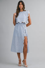 Load image into Gallery viewer, NEWEST ARRIVAL Blue Pinstriped Scallop Trim Midi Skirt Set
