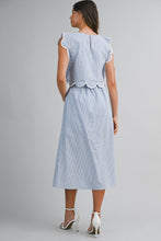 Load image into Gallery viewer, NEWEST ARRIVAL Blue Pinstriped Scallop Trim Midi Skirt Set
