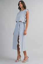 Load image into Gallery viewer, NEWEST ARRIVAL Blue Pinstriped Scallop Trim Midi Skirt Set
