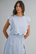 Load image into Gallery viewer, NEWEST ARRIVAL Blue Pinstriped Scallop Trim Midi Skirt Set
