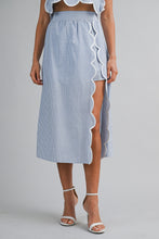 Load image into Gallery viewer, NEWEST ARRIVAL Blue Pinstriped Scallop Trim Midi Skirt Set
