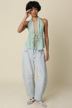 Load image into Gallery viewer, NEWEST ARRIVAL Green/White Striped Front Tie Halter Top

