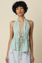 Load image into Gallery viewer, NEWEST ARRIVAL Green/White Striped Front Tie Halter Top
