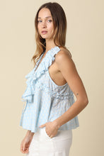 Load image into Gallery viewer, NEWEST ARRIVAL Blue Embroidered Floral Ruffle Top
