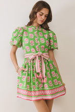 Load image into Gallery viewer, NEWEST ARRIVAL Green Floral Puff Sleeve Belted Dress
