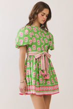 Load image into Gallery viewer, NEWEST ARRIVAL Green Floral Puff Sleeve Belted Dress
