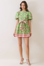 Load image into Gallery viewer, NEWEST ARRIVAL Green Floral Puff Sleeve Belted Dress
