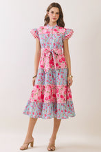 Load image into Gallery viewer, NEWEST ARRIVAL Pink/Blue Floral Button Down Tiered Midi Dress

