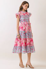 Load image into Gallery viewer, NEWEST ARRIVAL Pink/Blue Floral Button Down Tiered Midi Dress
