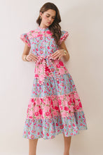 Load image into Gallery viewer, NEWEST ARRIVAL Pink/Blue Floral Button Down Tiered Midi Dress
