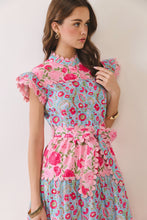 Load image into Gallery viewer, NEWEST ARRIVAL Pink/Blue Floral Button Down Tiered Midi Dress
