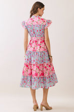 Load image into Gallery viewer, NEWEST ARRIVAL Pink/Blue Floral Button Down Tiered Midi Dress
