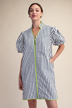 Load image into Gallery viewer, NEWEST ARRIVAL Chartreuse/Navy Striped Puff Sleeve Dress
