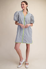 Load image into Gallery viewer, NEWEST ARRIVAL Chartreuse/Navy Striped Puff Sleeve Dress
