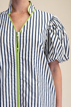 Load image into Gallery viewer, NEWEST ARRIVAL Chartreuse/Navy Striped Puff Sleeve Dress
