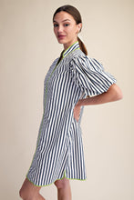 Load image into Gallery viewer, NEWEST ARRIVAL Chartreuse/Navy Striped Puff Sleeve Dress
