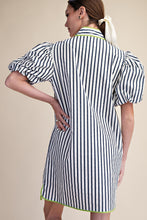 Load image into Gallery viewer, NEWEST ARRIVAL Chartreuse/Navy Striped Puff Sleeve Dress
