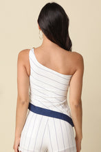 Load image into Gallery viewer, NEWEST ARRIVAL White/Navy Pinstriped One Shoulder Mini Linen Shorts Set
