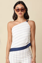 Load image into Gallery viewer, NEWEST ARRIVAL White/Navy Pinstriped One Shoulder Mini Linen Shorts Set
