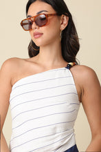 Load image into Gallery viewer, NEWEST ARRIVAL White/Navy Pinstriped One Shoulder Mini Linen Shorts Set
