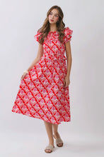Load image into Gallery viewer, NEWEST ARRIVAL Red/Pink Floral Ruffle Sleeve Midi Dress
