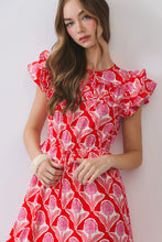 Load image into Gallery viewer, NEWEST ARRIVAL Red/Pink Floral Ruffle Sleeve Midi Dress
