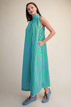 Load image into Gallery viewer, NEWEST ARRIVAL Blue/Green Striped Mock Neck Midi Dress

