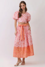 Load image into Gallery viewer, NEWEST ARRIVAL Pink/Orange Floral Puff Sleeve Midi Skirt Set
