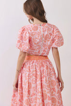 Load image into Gallery viewer, NEWEST ARRIVAL Pink/Orange Floral Puff Sleeve Midi Skirt Set

