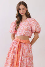 Load image into Gallery viewer, NEWEST ARRIVAL Pink/Orange Floral Puff Sleeve Midi Skirt Set
