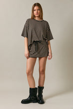 Load image into Gallery viewer, NEWEST ARRIVAL Black/Taupe Striped Oversized T-Shirt Mini Skort Set
