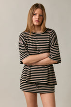 Load image into Gallery viewer, NEWEST ARRIVAL Black/Taupe Striped Oversized T-Shirt Mini Skort Set
