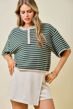 Load image into Gallery viewer, NEWEST ARRIVAL Forest Green/Tan Striped Henley Knit Top
