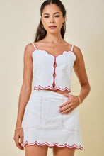Load image into Gallery viewer, NEWEST ARRIVAL White/Red Scallop Trim Mini Skirt Set
