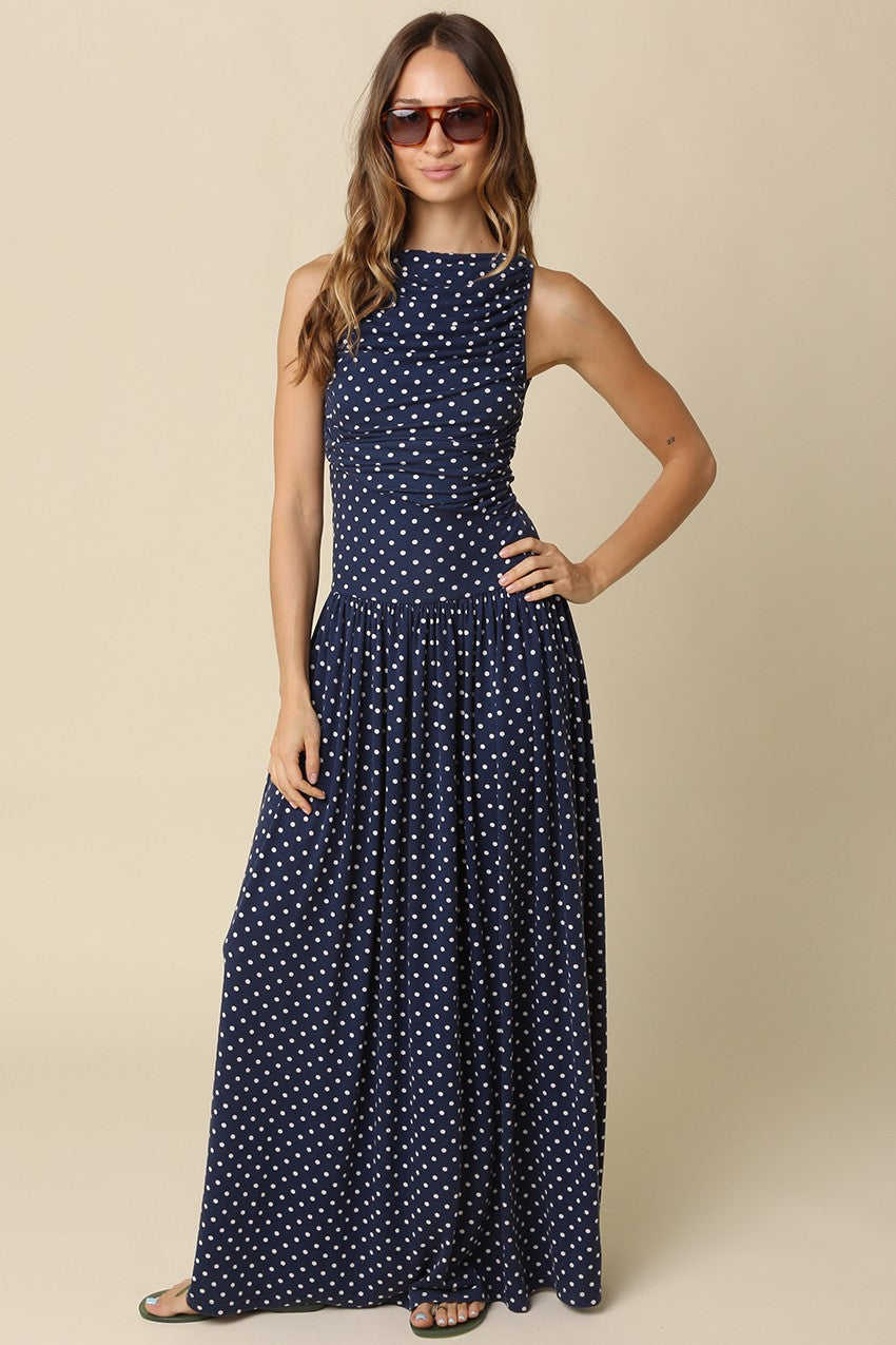 LAST ONE Navy Polka Dot Ruched Maxi Dress – Five Points Boutique
