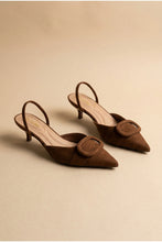 Load image into Gallery viewer, NEWEST ARRIVAL *PREORDER 9/16* Brown Suede Buckle Kitten Slingback Heels
