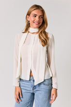Load image into Gallery viewer, NEWEST ARRIVAL White Sheer Button Down Neck Tie Blouse
