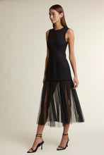Load image into Gallery viewer, NEWEST ARRIVAL Black Pleated Dotted Mesh Contrast Midi Dress
