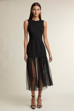 Load image into Gallery viewer, NEWEST ARRIVAL Black Pleated Dotted Mesh Contrast Midi Dress
