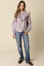 Load image into Gallery viewer, NEWEST ARRIVAL Brown Striped Ruffle Collar Button Down Blouse
