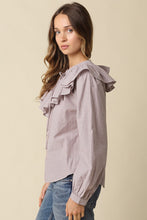 Load image into Gallery viewer, NEWEST ARRIVAL Brown Striped Ruffle Collar Button Down Blouse
