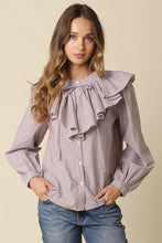 Load image into Gallery viewer, NEWEST ARRIVAL Brown Striped Ruffle Collar Button Down Blouse
