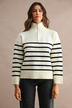Load image into Gallery viewer, NEWEST ARRIVAL Cream/Black Striped Half Zip Mock Neck Sweater
