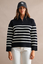Load image into Gallery viewer, NEWEST ARRIVAL Navy/Cream Striped Half Zip Mock Neck Sweater
