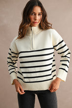 Load image into Gallery viewer, NEWEST ARRIVAL Cream/Black Striped Half Zip Mock Neck Sweater
