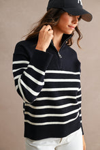 Load image into Gallery viewer, NEWEST ARRIVAL Navy/Cream Striped Half Zip Mock Neck Sweater

