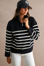 Load image into Gallery viewer, NEWEST ARRIVAL Navy/Cream Striped Half Zip Mock Neck Sweater
